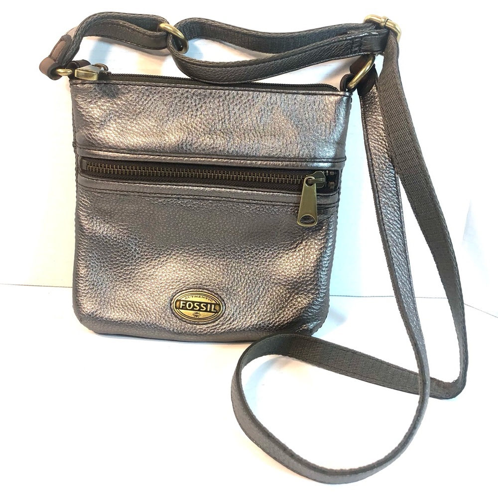 FOSSIL Metallic Pewter Pebbled Leather Crossbody Purse Bag